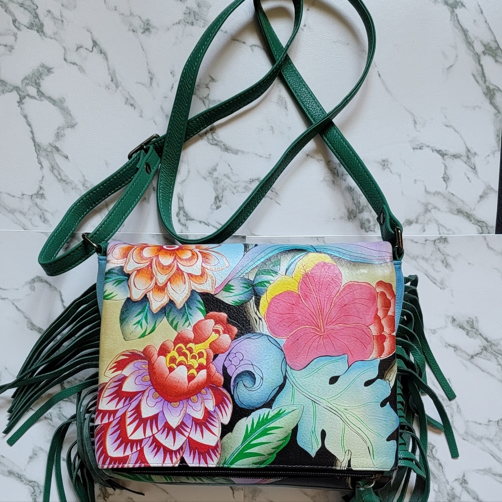 Anuschka hand painted leather boho crossbody bag